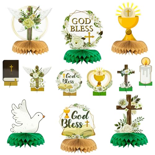 Image of ANGOLIO God Bless Honeycomb Centerpieces, 12PCS Baptism Table decorations | Green Cross Floral Church Anniversary Decorations, Baby Shower Birthday Party Supplies, Christian Celebrations Party Favors