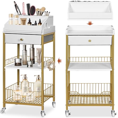 NauwaBarn Makeup Organizer Cart with Drawer 2-in-1 Rolling Organizer Cart with Hair Tool Holder Vanity Storage for Skincare Perfume Nail Polish Cosmetics Gold Finish