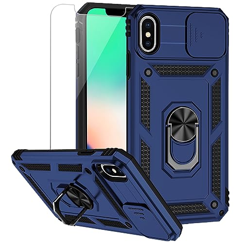 for iPhone XS Max Case with Camera Lens Cover HD Screen Protector, Dual Layer Military Grade Drop Protection Magnetic Ring Holder Kickstand Protective Phone Case for iPhone XS Max 6.5 inch (Navy Blue)