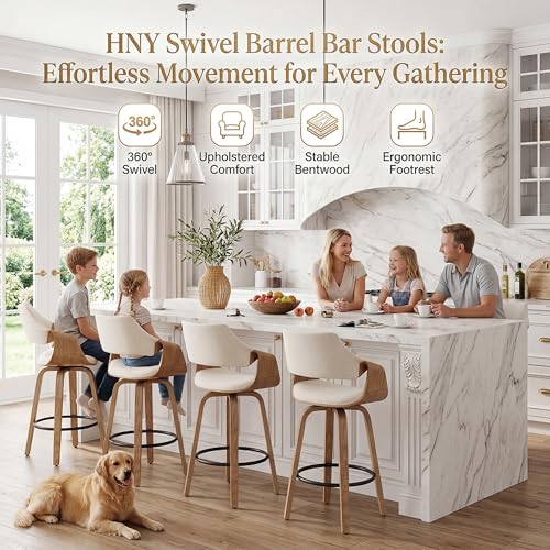 Image of 26'' Modern Barrel Swivel Counter Stools Counter Height Swivel Bar Stools with Backs Set of 2, Beige Linen Upholstered Bar Height stools, Farmhouse Solid Wood Barstools for Kitchen Island, Home Bar