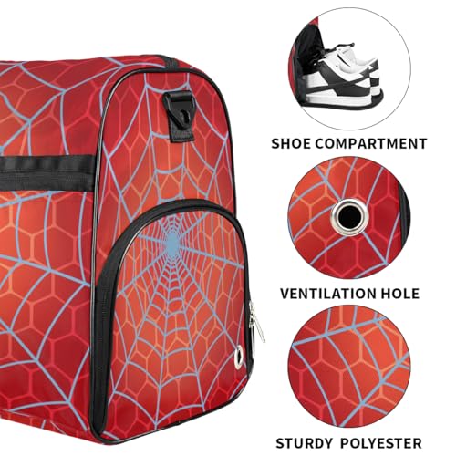 Kids Overnighter Duffel Bags for Boys Girls, Carry-On Size Sports Gym Bag with Shoe Compartments for School Practice or Overnight Travel Weekender Sleepover Tote Bag, Red Spider Web3