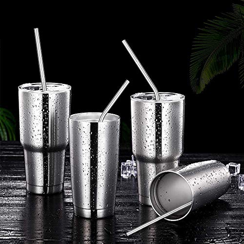 Image of STAR WORK - 4 Stainless Steel Long Reusable Metal Straws for Drinks with 1 Cleaning Brushes Drinking Straws for Travel,Kids,Home,Bar (Silver)