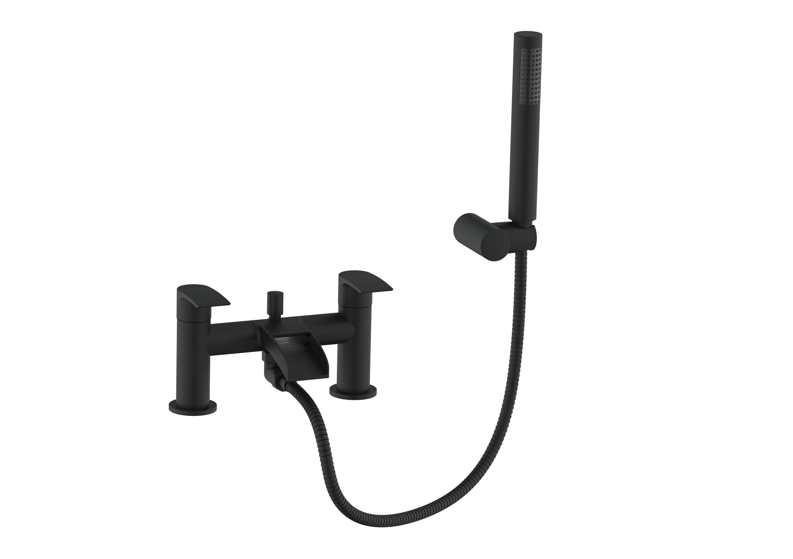 Veebath Matt Black Stream Round Waterfall Bath Shower Mixer Tap – Finish Double Lever, Deck Mounted Bathroom Tap, Includes Round Showerhead & Kit, Modern Bath Mixer Tap With G3/4" Bsp Inlet