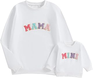 Karuedoo Mommy and Me Matching Outfits Family Matching Shirts Mama and Mini Embroidery Crewneck Long Sleeve Sweatshirt Tops