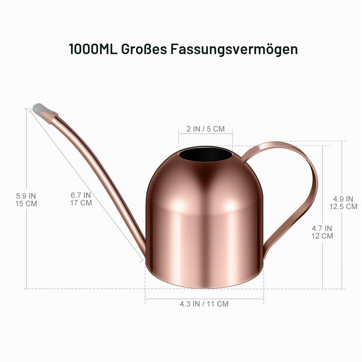 1 Stück Edelstahl Gießkanne für Zimmerpflanzen Oder Hauspflanzen Langen Auslauf Garten Gießkanne 1000ml Kleine Garten bewässerungstopf (Kupfer)