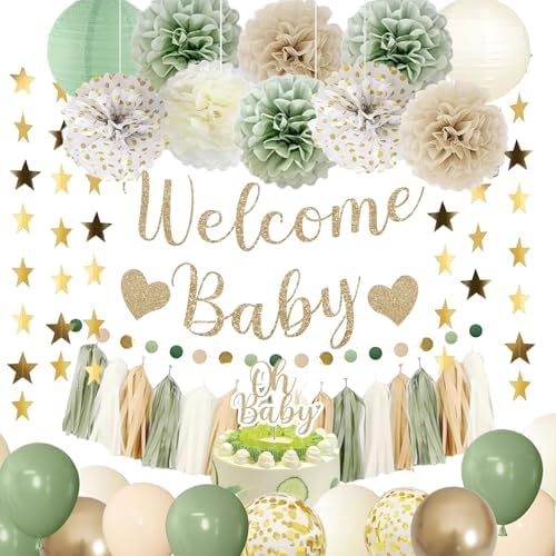 Acidea Baby Shower Decorations, Sage Green Welcome Baby Banner, Balloons, Cake Topper, Paper Lanterns, Pom Poms Flowers Tassels, Circle Dots Star Garland，Gender Neutral Baby Shower Decoration Supplies