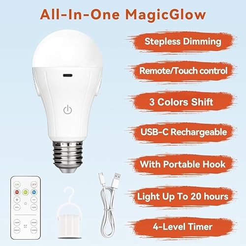 Neporal QP-15W Magicglow Rechargeable Light Bulbs With Remote, 3 Colors Shift + Dimmable Battery Powered Light Bulbs, Usb Rechargeable, A19 Standard Emergency Led Light Bulbs thumb #1