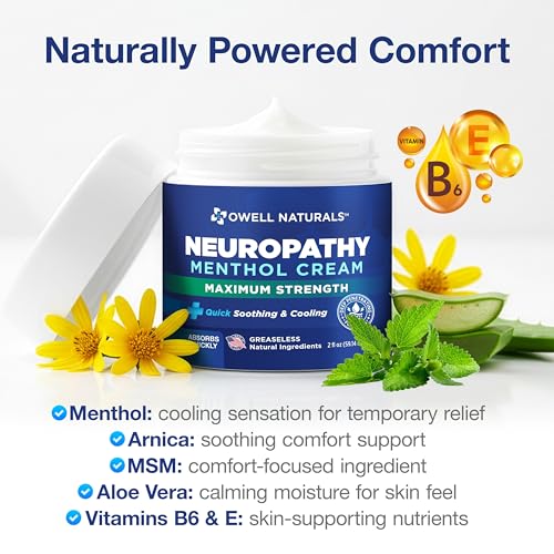 Image of Owell Naturals Neuropathy Cream Extra Strength - Fast Absorbing Cooling for Leg, Feet & Hands - Advanced Soothing Formula with Aloe Vera, Arnica, MSM & Vitamin B6 - Made in USA, 4 fl oz