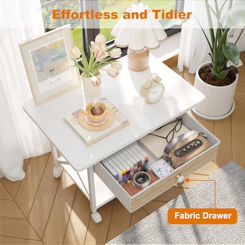 fineway 2-Ebene Druckertisch mit Rollen, 60x40x43cm Druckerständer Schreibtisch mit Stoffschubladen, Multifunktional Druckerwagen, Mobil Drucker Regal für Büro Zuhause Office Schule