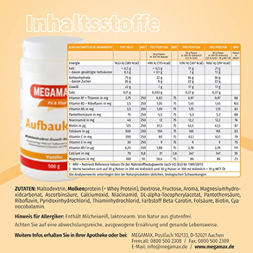 MEGAMAX Aufbaukost Vanille. Ideal zur Kräftigung und bei Untergewicht. Pulver zur Zubereitung eines fettarmen Kohlenhydrat-Eiweiß-Getränkes. Produktion in Deutschland. 500g