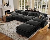 CDCASA 154' Oversized Modular Sectional Sofa, Comfy U-Shaped Cloud Couch w/ 3 Ottoman, 7-Seater Chenille Deep Seat Modern Sofa Couch for Living Room, Bedroom, Apartment, Office, Black