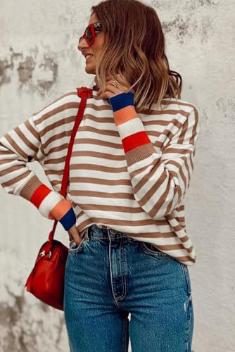 Women's Brown Stripe Colorblock Bishop Sleeve Turtleneck Sweater4