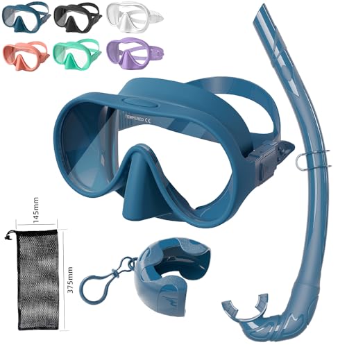Huasheng Sports Blue Snorkeling Gear for Adult,Ultra-Wide View Frameless Mask with Perfect-Seal Silicone Skirt,Fashionable Colors in 6.9-inch and 6.1-inch Sizes,Portable Diving Set for Vacations