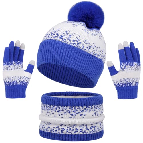 Yaopelky Conjunto de gorro para mujer, polaina para el cuello, guantes cálidos para pantalla táctil, forro polar, bufanda con pompón, para adultos, azul real, Talla única