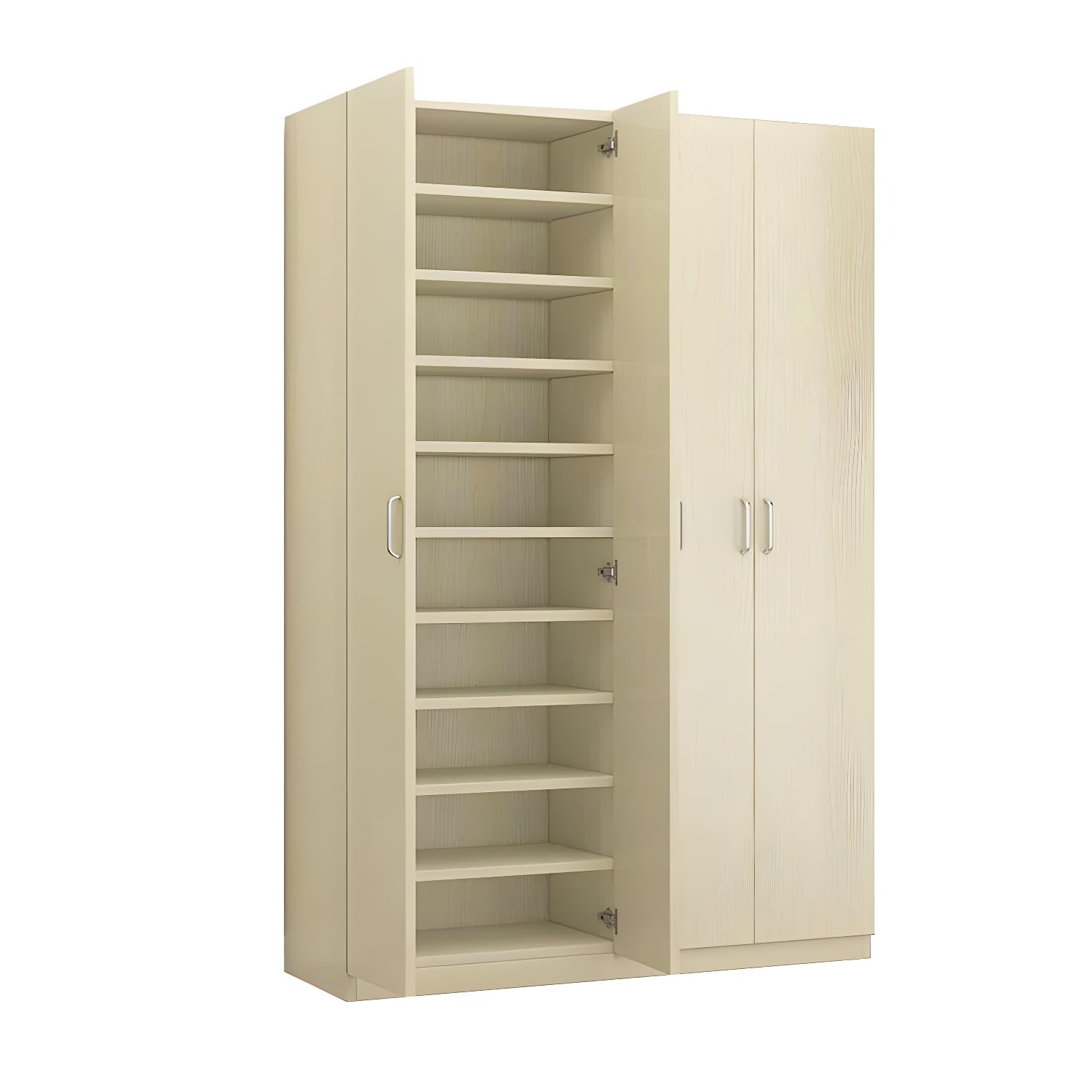 LITFAD Modern Shoe Storage Cabinet with doors open, revealing multiple shelves filled with various shoes and a basket at the bottom.