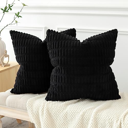 JOTOM Pack of 2 Corduroy Soft Striped Cushion Covers 40x40 cm 16x16 Inch Boho Decorative Throw Pillow Covers Square Cushion Case Home Decor Pillow Cases for Couch Sofa Living Room Bed (Black) - Image 4