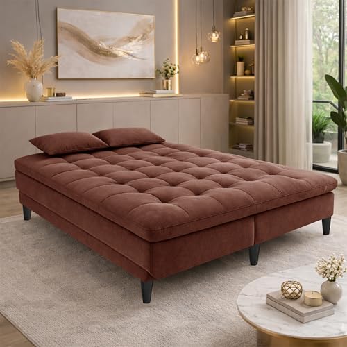 Image of Modern 3 Seater Sofa Cum Bed | Tufted Backrest | Velevt Fabric Upholstery | Living Room Furniture-Brown