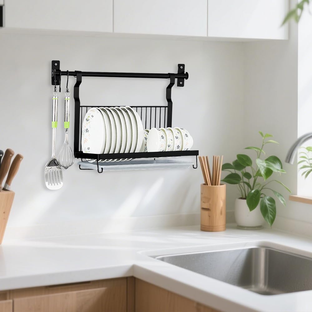 Abtropfgestell Faltbar Hängend Abtropfständer mit Stange Geschirrtrockner zum aufhängen Geschirrständer Klappbar Edelstahl Abtropfregal Geschirr Teller Relingsystem Wand Dish Drying Schwarz