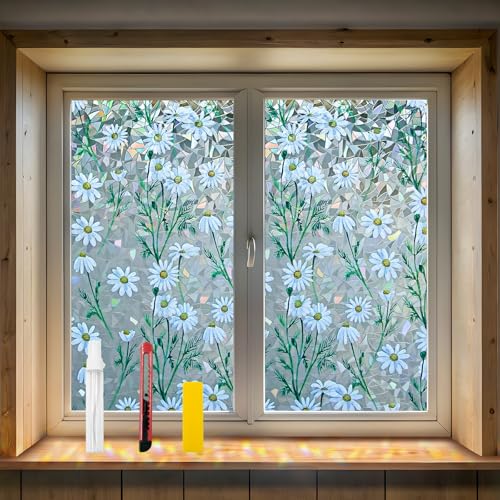 QHY Sunshine Privacy Window Film with Installation Tool Decorative Stained Glass Window Stickers Reusable Window Film (Leafy Daisy, 17.5 x 78.7)