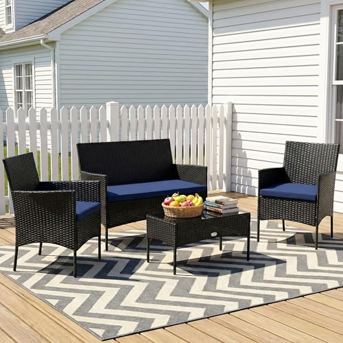 Image of OUTLIVING Outdoor 4 Seater Sofa Set || Patio Furniture Sets || Balcony Sofa || Indoor Sofa || Wicker Rattan Garden Sofa Set with Cushion and Center Table (Black /Navy Blue)