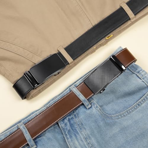 Image of 2 Pack Ratchet Belt 1 3 /8 inch, Mens leather Dress Belt in Gift Set Size 28 inch-62 inch Adjustable waist Trim to Fit