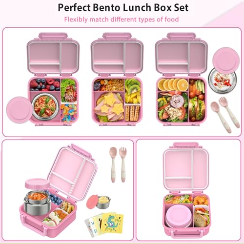 Image of Kids Bento Lunch Box with 9oz Soup Thermo Leakproof Lunch Food Containers 4 Compartment with Insulated Hot Food Jar for Kid Toddler Girls Boys to School, Trvael