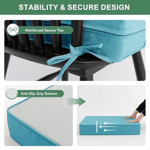 Image of Summsun Faux Linen Outdoor Chair Cushions, Water Resistant Backrest and Deep Seat Cushion Set with Removable Cover, Straps, Non-Slip Bottom for Patio Furniture, 24 x 24 Inch, Teal, Set of 4