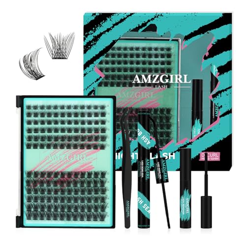 AMZGIRL LASH Midnight DIY Lash Extension Kit, 144 pcs Eyelash Clusters Kit Lash Bond and Seal, Lash Glue Remover and Applicator for Individual False Eyelashes Kit Lash Extensions(D-Mix 8-16mm Kit)