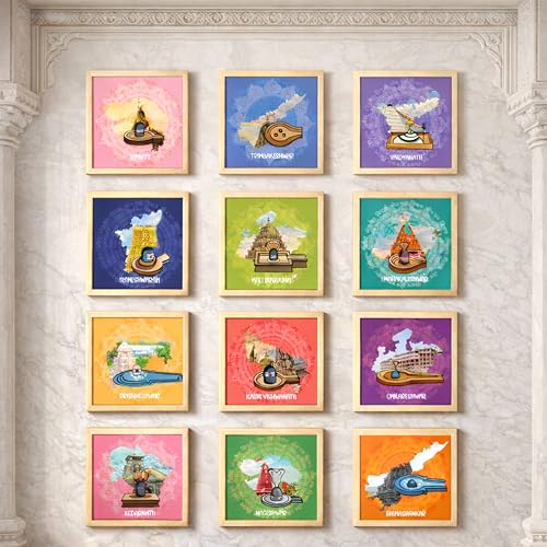 Image of 12 Jyotirlinga Wall Art Painting For Living Room | Lord Shiva Sacred Temples Framed Wall Art Paintings | Spiritual Home Decor Frames for Pooja Room, Office | Religious Gift Set (Set of 12), 9x9 Inch
