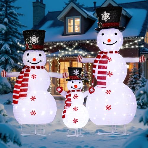 3pc Snowman Outdoor Christmas Decorations Christmas Snowman Family Set Perfect for Xmas and Xmas Eve Light Up Xmas Holiday Indoor/Outdoor Lawn Yard Garden Party Decoration