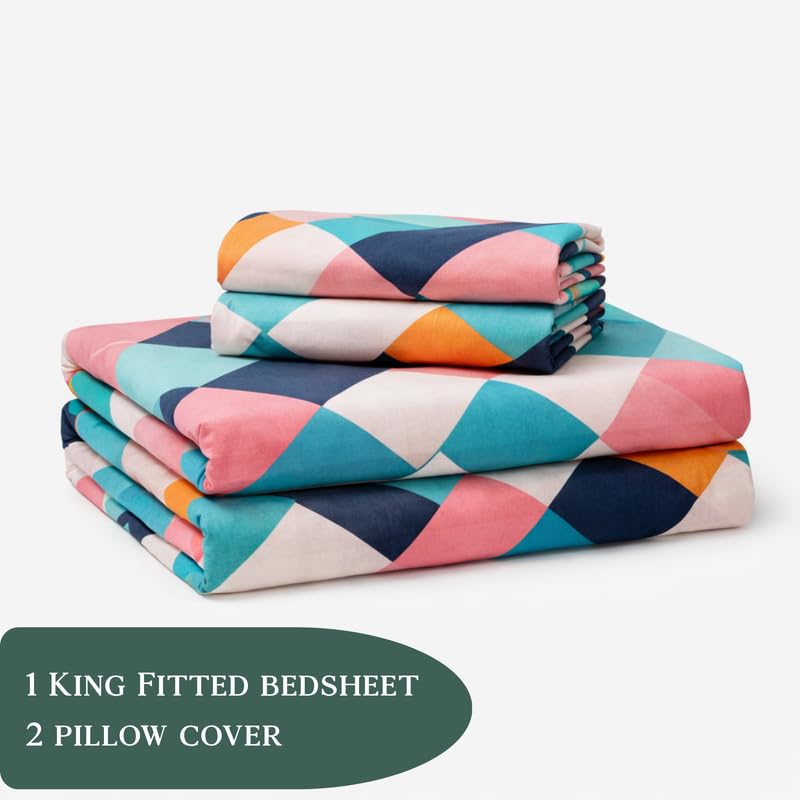 Image of THEA King Elastic Fitted Double Bedsheet Set| 100% Cotton Like Soft Fabric | Microfiber King Elastic Double Bedsheet for King Size Bed (72 X 78 x 10 inches) with 2 Pillow covers,Modern Mosaic