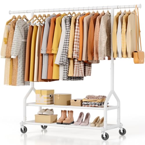 EAGMAK Heavy Duty Clothes Rail, Clothing Rail With Shelves Load 252 KG, Freestanding Hanging Rails for Clothes, Adjustable Metal Clothing Hanger with Wheels, Portable Coat Rack for Bedroom (White)