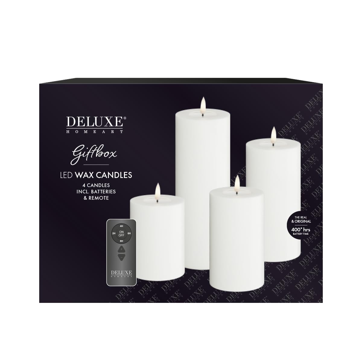 Deluxe Homeart Indoor Flameless LED Giftbox Set of 4 with Remote & Batteries - Real Flameβ’ Technology - Battery Powered Candles (White)