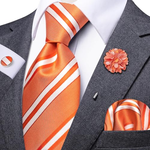 Image of Dubulle Mens Tie and Lapel Pin Paisley White Orange Striped Floral Necktie for Men Pocket Square Cufflinks Wedding Party