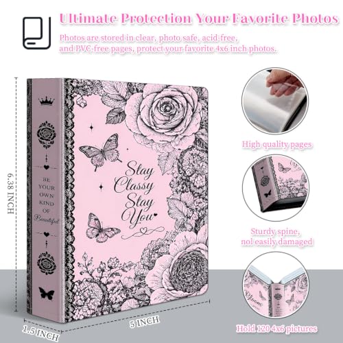 Image of Photo Album 4x6 120 Pockets Pink Lace Rose Butterfly