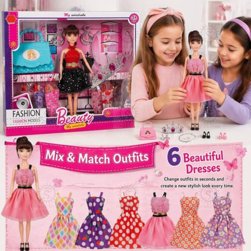 Image of SHAKTISM Fashion Doll Wardrobe Set for Girls with Dresses, Crown, Handbag & Accessories | Princess Dress-Up Doll Toy Kit | Creative Role Play Toy Gift for Kids 3+