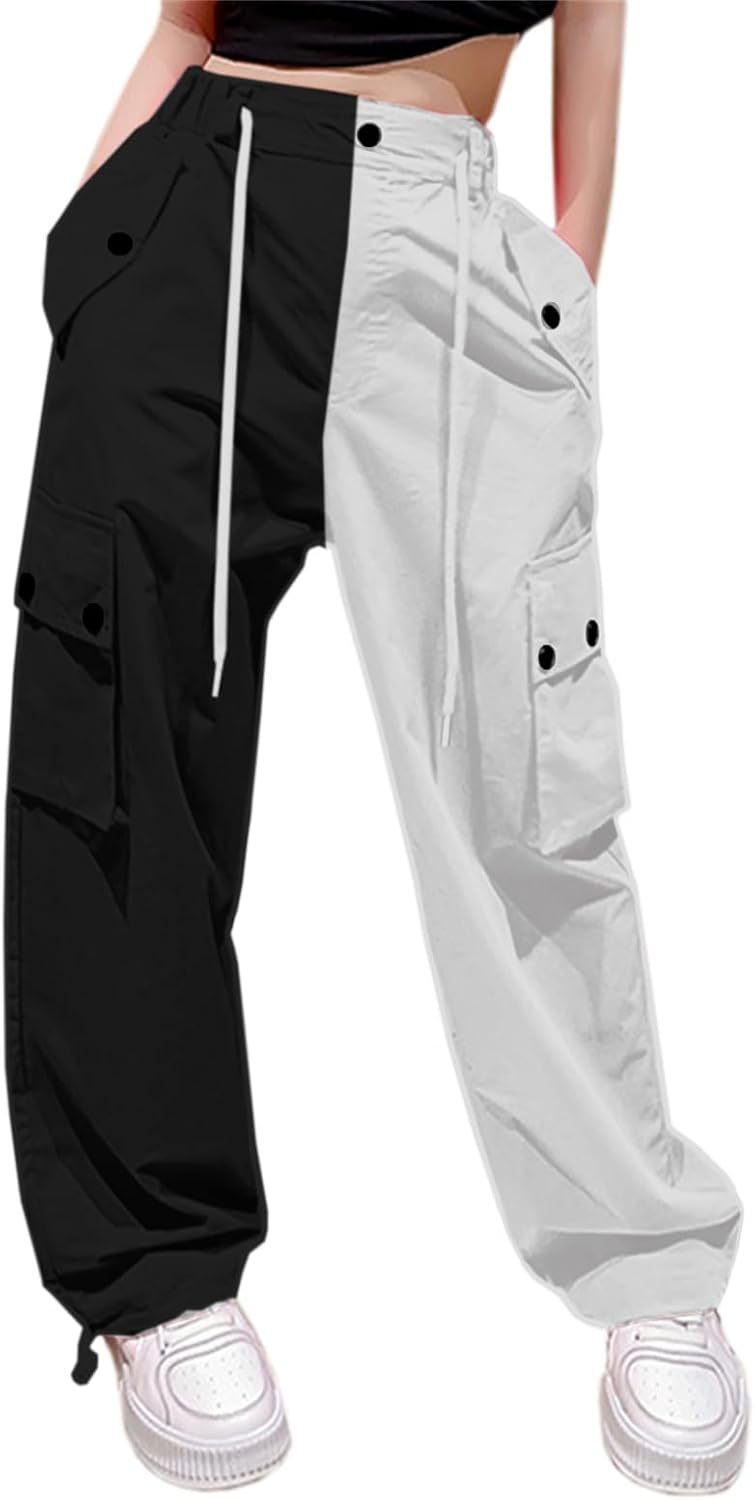 Cromoncent Girls&Womens High Waist Parachute Pants Y2K Cargo Trousers with Pockets 6 Years-Women 2XL Cromoncent Girls&Womens High Waist Parachute Pants Y2K Cargo Trousers with Pockets 6 Years-Women 2XL