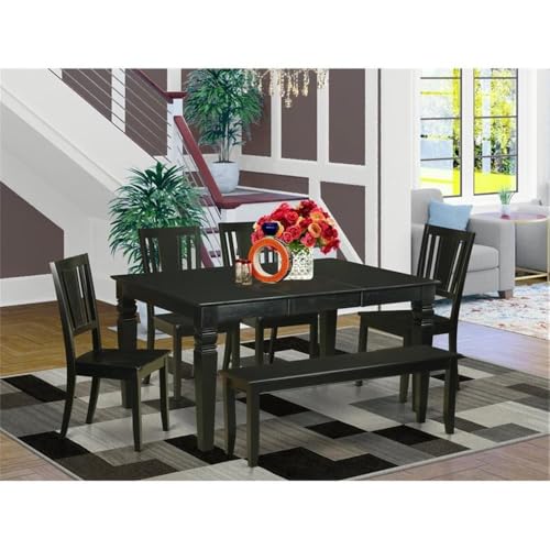 East-West-Furniture-WEDU6D-BLK-W-6-Piece-Dining-Table-Set-Contains-a-Rectangle-Wooden-Table-with-Butterfly-Leaf-and-4-Dining-Room-Chairs-with-a-Bench-42×60-Inch-Black East West Furniture WEDU6D BLK W 6 Piece Dining Table Set Contains a Rectangle Wooden Table with Butterfly Leaf and 4 Dining Room Chairs with a Bench 42×60 Inch Black