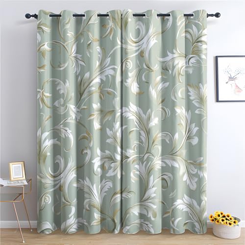 Vintage Floral Curtains for Bedroom Living Room, Light Green And White Patterned Blackout Curtains, Thermal Insulated Eyelet Curtain, 108 Drop Window Treatments Drapes, 90x108 Inch (W x L), 2 Panels