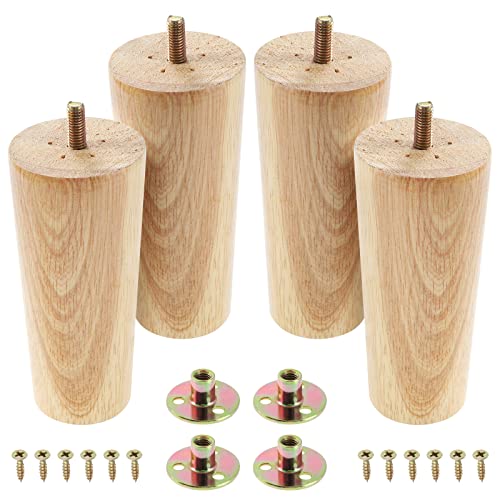 Knpwer 4 Stück 13cm Möbelfüße Holz Möbelbeine, Massivholz Beine Aus Eiche für Stühle Schrank Sofa Bett Couch, mit Montageplatten, Schrauben und Filzgleiter (Gerader Fuß)