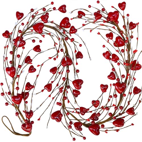 Winlyn 5.2' Valentine's Day Garland Red Heart and Berry Burgundy Berry Pip Artificial Garland Decorations for Spring Wedding Valentine Fireplace Mantel Table Décor (Red)