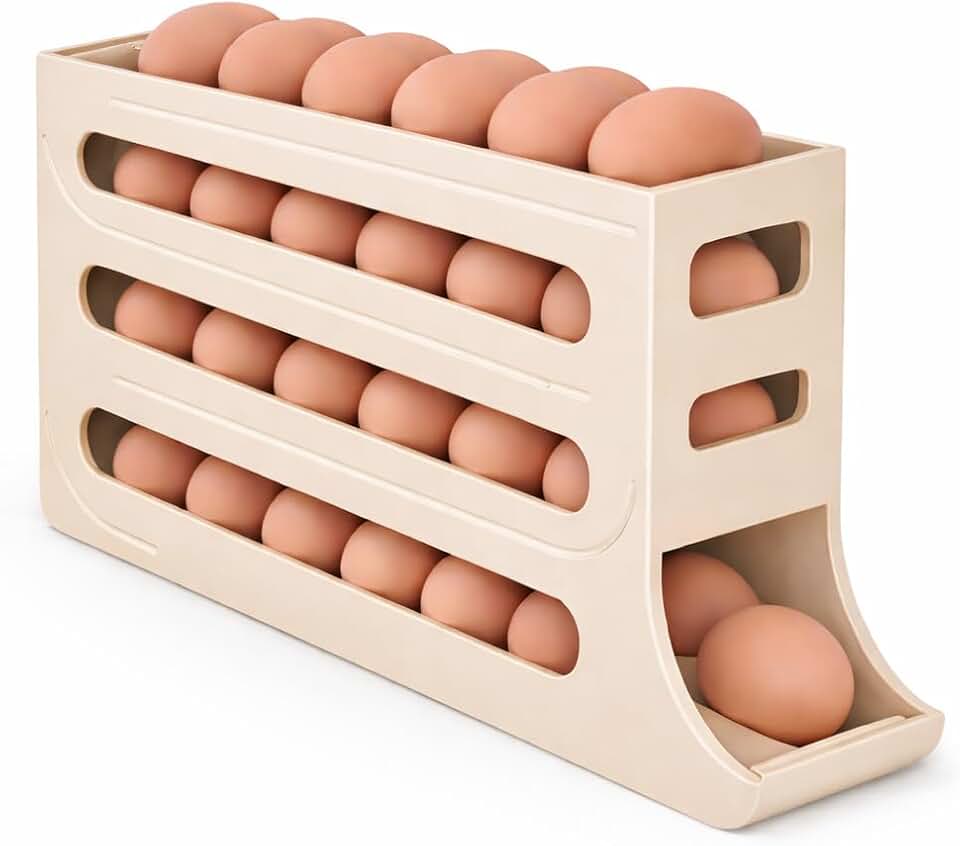 Suporte de Ovos Deslizante para Geladeira I Capacidade 30 Ovos, Sistema Vertical Inteligente com Dispensador Automático (Bege)