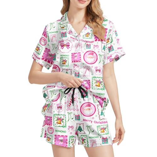 Image of Funny Satin Pajamas Set for Women Button Down Sleepwear Print Pjs Set 2 Piece Short Sleeve Loungewear Gift for Women