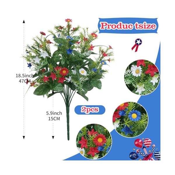   2-Bundles-Artificial-Daisies-Bouquet-13-Stems-Red-White-and-Blue-Flowers-Patriotic-Flowers-for-Cemetery-4th-of-July-Artificial-Flowers-for-Memorial-Day-Veterans-Independence-Day