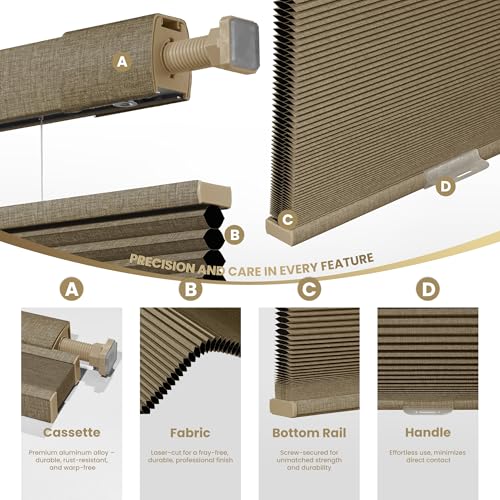 Image of No Drill No Tools Cellular Shades Linen Texture Wrapped Top Down Bottom Up Cordless Honeycomb Blinds Blackout Shades for Bedroom Living Room Windows Blinds, Beige, Custom Size