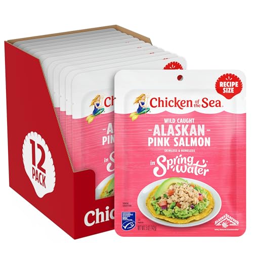 Chicken of the Sea Alaskan Pink Salmon in Spring Water, 5 Ounce Packets (Pack of 12), Wild Caught Salmon, Skinless & Boneless