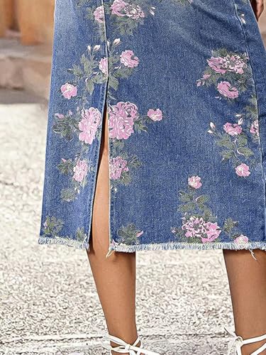 Flamingals Women's High Rise Allover Floral Print Raw Hem Split Back Midi Denim Skirt4