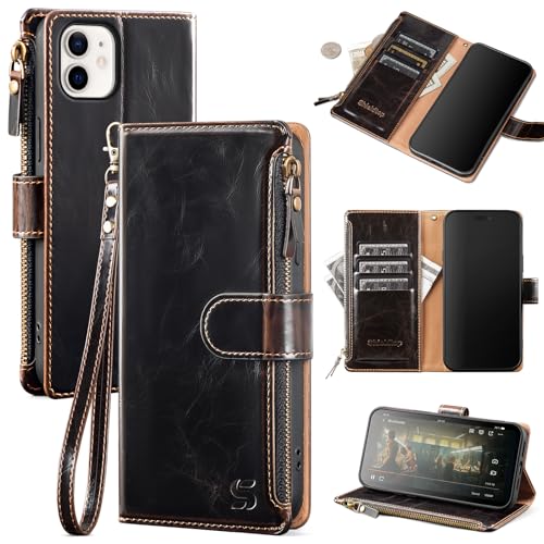 Shieldtop Compatible with iPhone 11 6.1" Wallet Case with Card Holder,Women Men RFID Blocking PU Leather Flip Cover Wrist Strap Zipper Credit Card Slots,Phone Case for Apple 11 6.1",Coffee by Shieldtop - Used condition - US$13.42