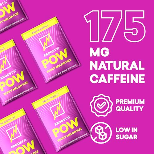 Image of EBOOST POW Natural Pre Workout Powder - 15 Packets, Berry Melon Fizz - Preworkout Energy Booster Gym Supplement Drink Mix for Men and Women - Performance, Joint Mobility Support - Gluten-Free