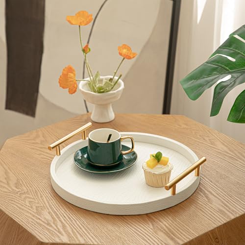 MACVAD 2 Piece White Round Serving Tray with Handles, Woven-Texture Faux Leather Ottoman Tray for Living Room, Decorative Tray for Coffee Table Home Decor by MACVAD - Used condition - Image 2
